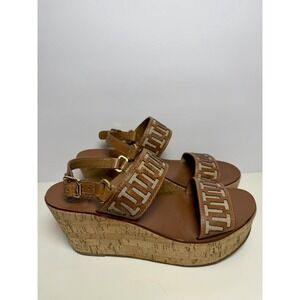 Tory Burch Regan Cork Wedge T Logo Brown Leather Sandal's Women's Size 9.5